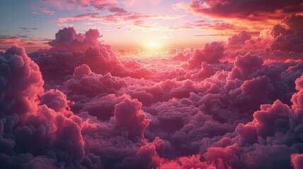 Sunrise above cloud level on a mountain, sea of clouds glowing beneath - obrazy, fototapety, plakaty