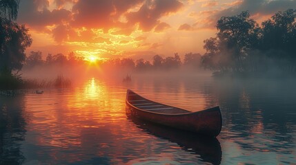 Sunrise over a mist-covered lake, a canoe silhouetted against the peaceful morning light - obrazy, fototapety, plakaty