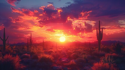 Sunset behind a silhouette of towering cacti, desert sky glowing warmly - obrazy, fototapety, plakaty