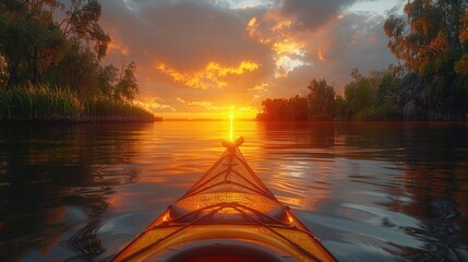 Sunset viewed from a kayak on a calm lake, paddles resting, sky ablaze