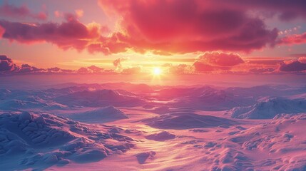 Sunrise over a snowy expanse, untouched snow reflecting pink and orange hues