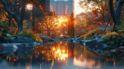 Sunset reflecting on a modern glass building surrounded by parkland, urban meets nature