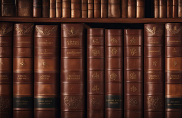 Beautiful large books in leather covers on a bookshelf.