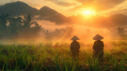 Vietnamese rice farmers in conical hats tending to lush green fields under a bright sunrise