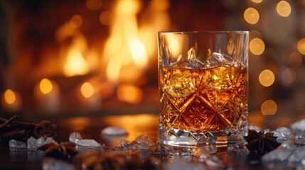 Whiskey neat, single malt, in a crystal glass, fireside setting