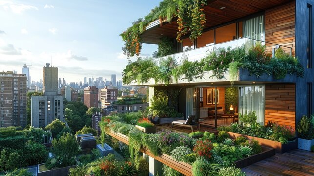 Urban rooftop gardens, high-rise buildings background, sustainable city living, photorealistic