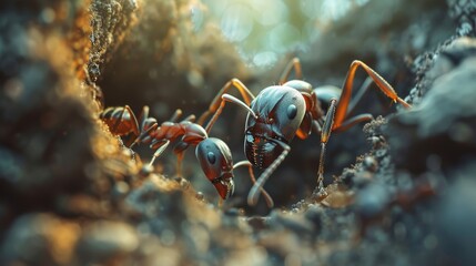 Detailed macro photograph of ants feeding on a deceased ant in their natural forest habitat - obrazy, fototapety, plakaty