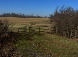 farmers field with tracker trail through a metal gate