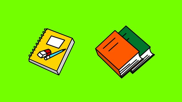 Animation of a notebook and books on a green background.