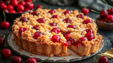   A tight shot of a cake, adorned with cherries, on a plate A fork rests nearby In the backdrop, a shallow bowl brimming with cherries