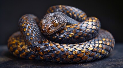 Obraz premium A snake is curled up on a black surface