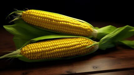Fresh corn on the cob on a wooden table. Dark background.