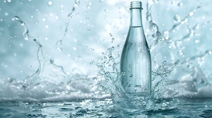 Pure Elegance: Crystal Clear Luxury Water in Glass Bottle with Splashing Blue Waves