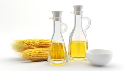 Corn oil in a bottle and a glass of corn on a white background