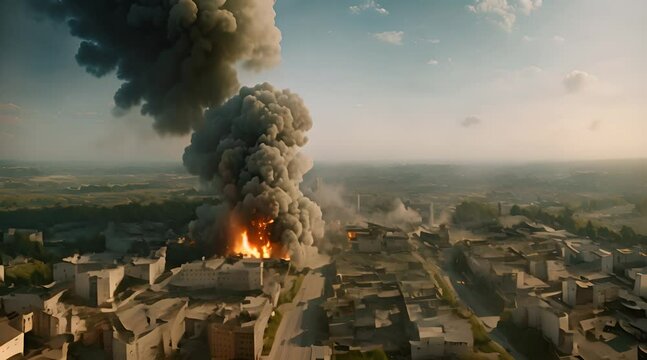 Aerial View: Battlefield Explosion Amid City Buildings	