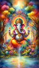 Lord Ganesha, the Hindu deity of wisdom and new beginnings, sits serenely in a mystical forest, surrounded by vibrant colors, waterfalls, and spiritual energy, creating a captivating artwork.