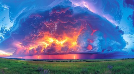   A large cloud with lightning emerging from its center, encircled by verdant grass, and a sizable body of water in the foreground - obrazy, fototapety, plakaty