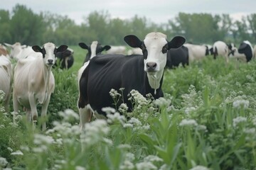 Obraz premium Cow goat pasture in a field ecological local farm no cruelty animal safety happiness herd flock milk eco environment sustainability humanity agriculture green forest meadows mountains grass land
