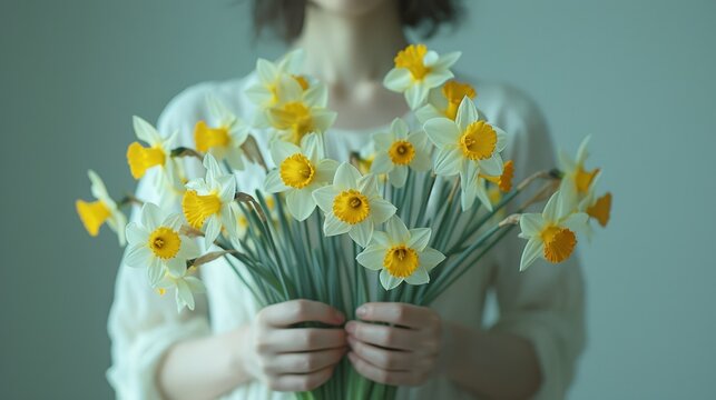   A woman holds a bouquet of daffodils in front of her, gazing at them with hands gently enclasping the flowers