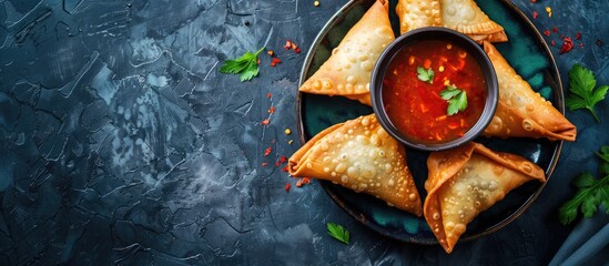 Asian cuisine. Meat-free samsa (samosas) served with tomato sauce on a dark blue background, seen from above.