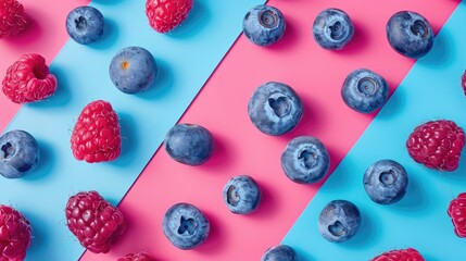 Blueberries and raspberries displayed on a vibrant background