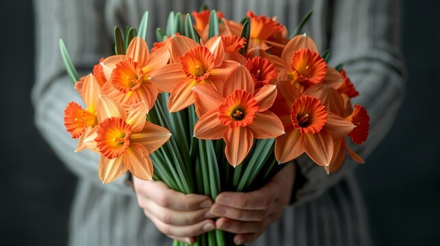   A tight shot of an individual grasping a bouquet, its center filled with vibrant orange blossoms