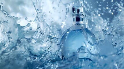 Pure and Refreshing: Stylish Glass Bottle with Cool Blue Water - obrazy, fototapety, plakaty