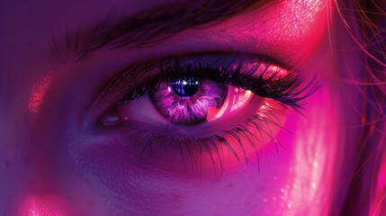 A close up of a woman's eye with purple lighting, AI