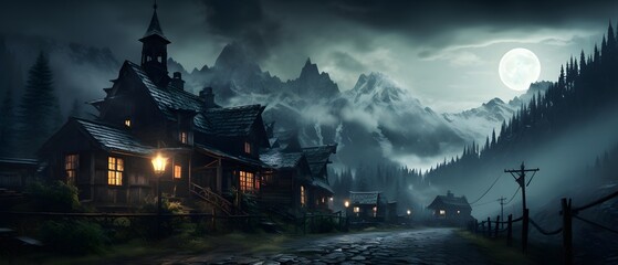 Panoramic view of a village in the mountains at night.
