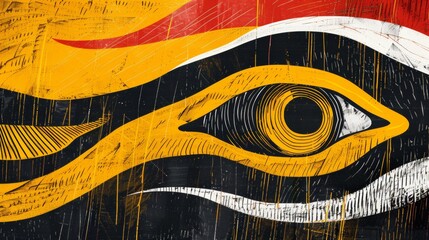 A painting of a large eye on the side of an orange and yellow building, AI