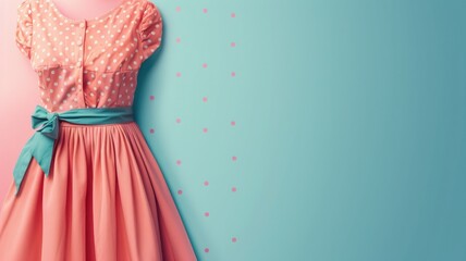 Polka dot dress with belt on dual-tone background