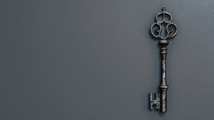 Antique key on dark background with space for text