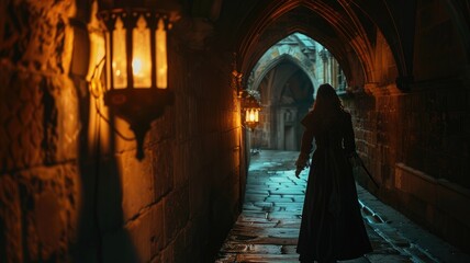 Person in cloak walking through old, dimly lit stone corridor at night