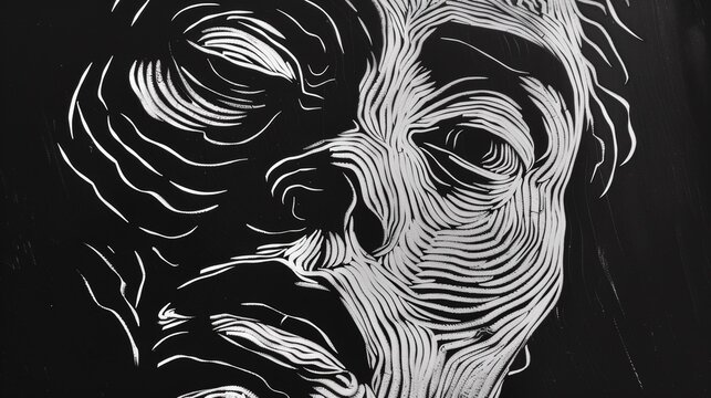 A drawing of a face with lines on it in black and white, AI