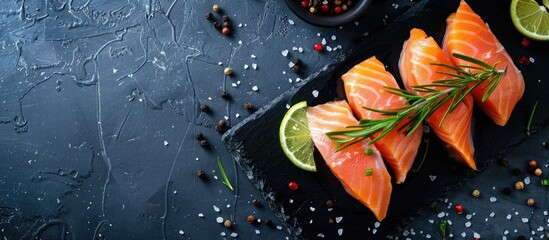 Artistically displayed smoked salmon appetizers on black background, with empty space for text.