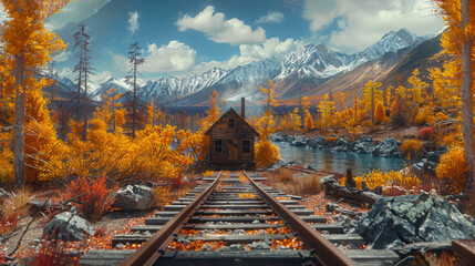  Train tracks with cabin  and mountainous backdrop - obrazy, fototapety, plakaty