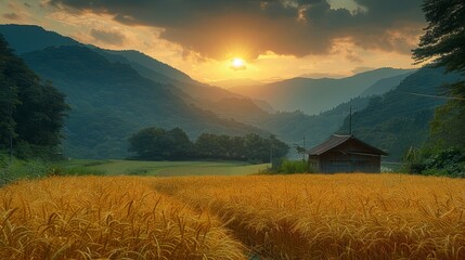   A field with a house situated in its center, framed by a sunset, and mountains in the distant backdrop - obrazy, fototapety, plakaty