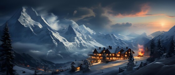 Panoramic view of alpine village at sunset in winter, Switzerland