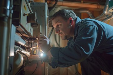 Technician Looking Over A Gas Furnace