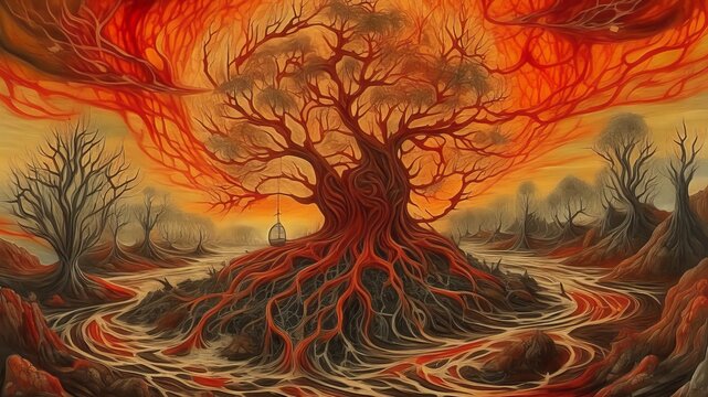 Mysterious forest apocalyptic landscape at sunset with twisted trees and a lava flow