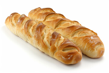Two long French baguette breads isolated on a white background with a clipping path