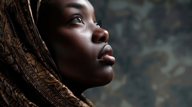 Biblical character. Close up portrait of a black woman with a shawl looking up