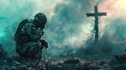 Christian soldier praying with cross in the background. Christian concept. Digital painting - obrazy, fototapety, plakaty
