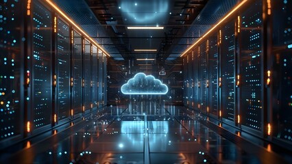 Cloud computing server setup with hybrid technology infrastructure in the background. Concept Cloud Computing, Hybrid Technology Infrastructure, Server Setup, IT Environment, Data Management - obrazy, fototapety, plakaty