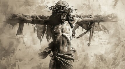 Cross of Jesus Christ with shroud on a light background. Digital illustration