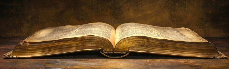 Old open book placed on top of a wooden table