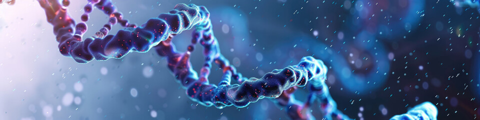 A close-up view of a DNA double helix structure with a focus on the intricate bonds against a cool-toned, high-tech background