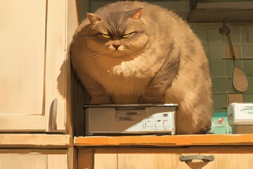 A very large, round and cute cat standing on top of the kitchen scales with its back straight up, showing that it is extremely obese.