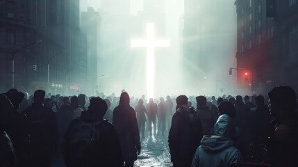 Crowd of people looking at a bright cross in the middle of the street on a foggy day