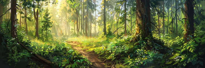 A painting depicting a narrow path winding through a dense forest, with towering trees and lush foliage on either side